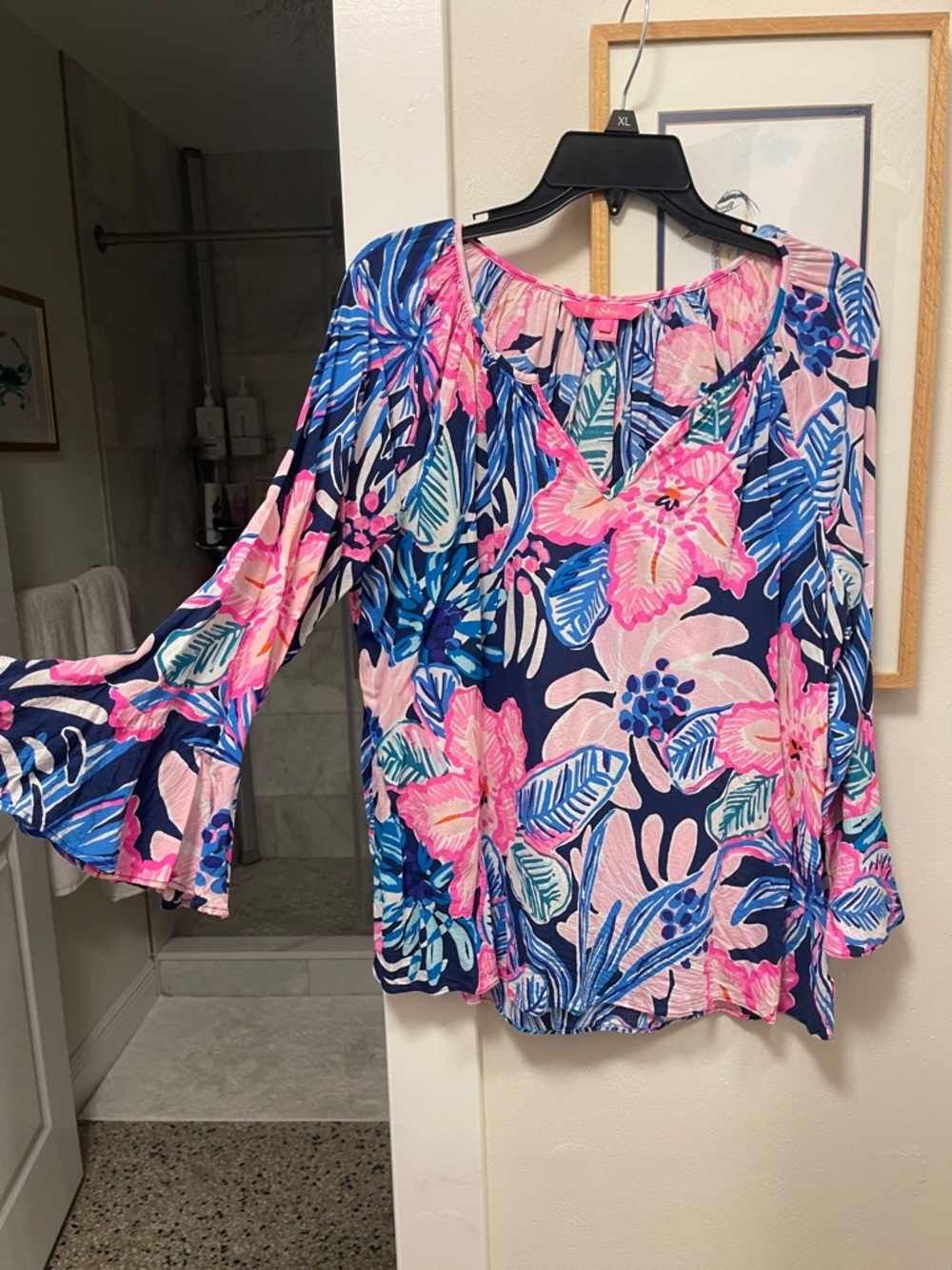 Lilly Pulitzer Navy Floral V-Neck Bell Sleeve Top with Pink Accents
